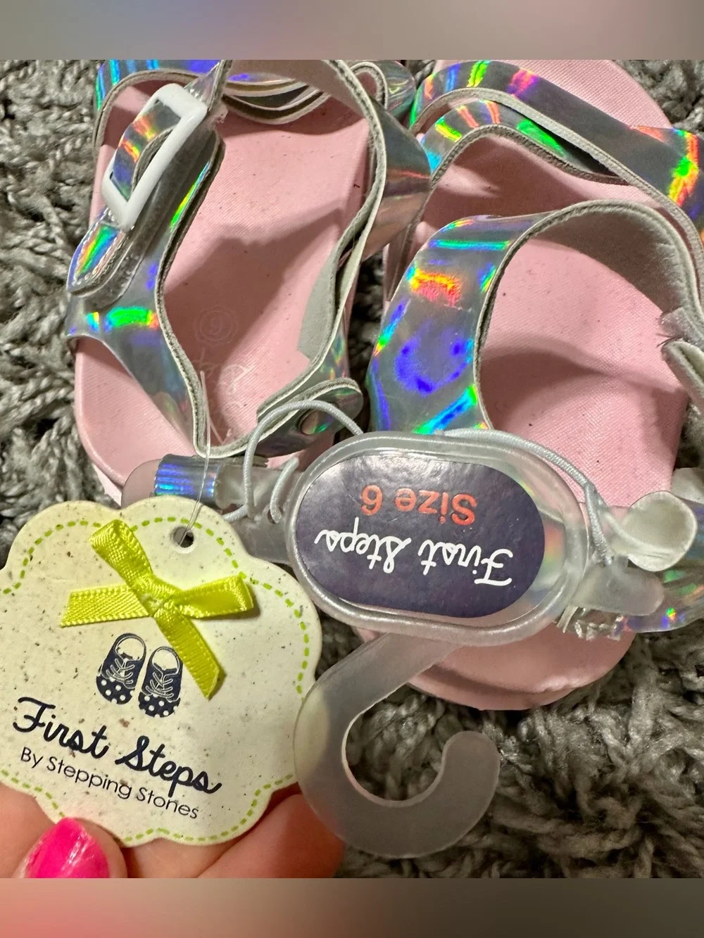 First Steps Girls' Holographic Silver Sandals - Pink Footbed (Size 6)
